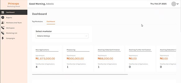 Legacy dashboard with marketer-select dropdown